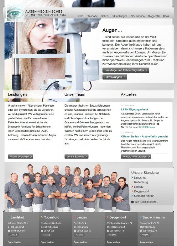 Augen-Medizinisches-Versorgungszentrum LASIK Landshut: Der Anbieter präsentiert sich professionell und sympathisch unter www.augenoperationen.de (Website Screenshot vom 06.08.2012)