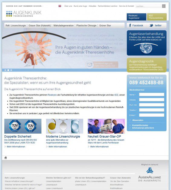 Augenklinik Theresienhöhe München (Website-Screenshot www.augenklinik-theresienhoehe.de am 06.08.2012)