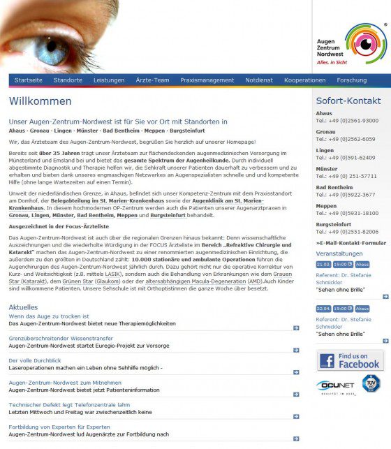 Augenzentrum Nordwest Website (Screenshot www.augen-zentrum-nordwest.de/augenpraxis-augen-zentrum-ahaus-gronau-lingen.html am 15.03.2013)