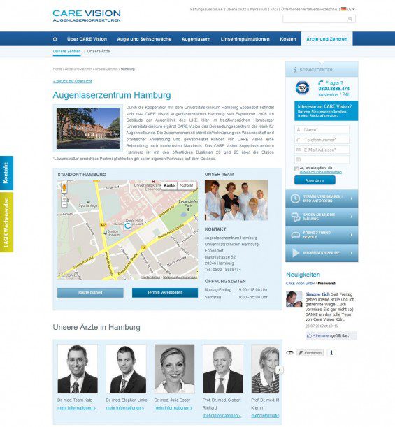 Care Vision Hamburg Augenlaserzentrum im UKE (Website-Screenshot vom 23.07.2012)