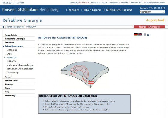 Intracor: Infos und Augenlaser-Behandlungen in der Uniklinik Heidelberg (Screenshot http://www.klinikum.uni-heidelberg.de/INTRACOR.126698.0.html am 04.02.2013)