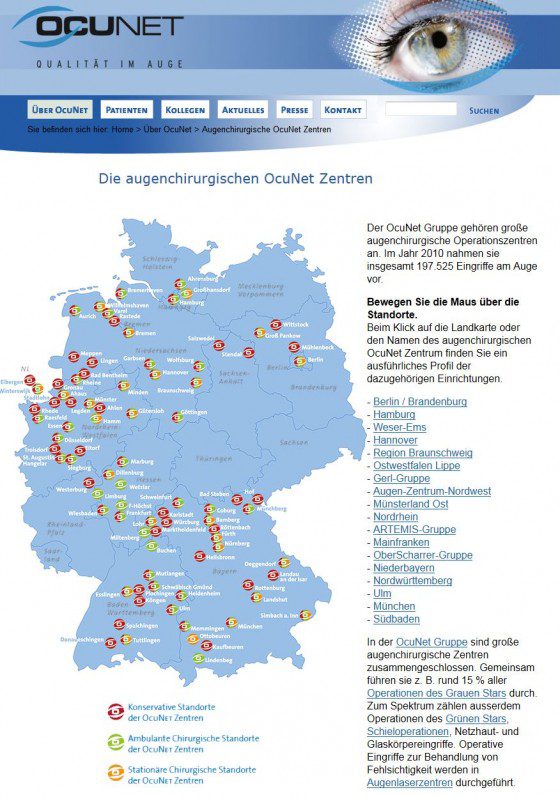 Ocunet Zentren: Unter http://ocunet.de/ocunet/ocunet-zentren.html findet sich eine Übersicht über alle Praxen, Zentren und Kliniken des Verbunds (Screenshot 08.04.2013)