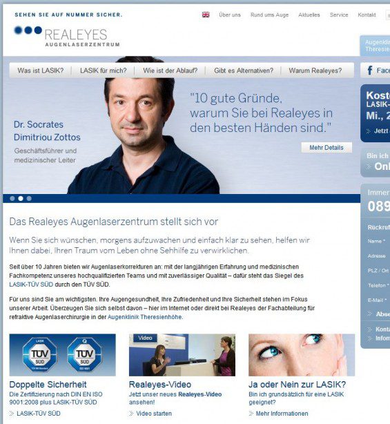 REALEYES Augenlaserzentrum: Für Augenlaserbehandlungen hat man mit "Realeyes" eine eigene Marke gegründet (Screenshot www.realeyes.de am 06.08.2012)