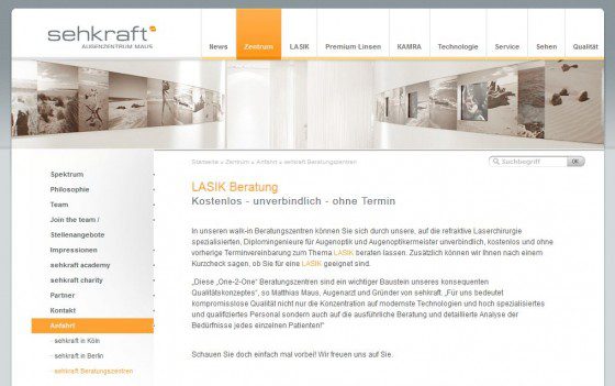 sehkraft Augenlaser-Beratungszentrum Krefeld (Website Screenshot www.sehkraft.de/zentrum/standorte/sehkraft-beratungszentren.html am 04.02.2013)