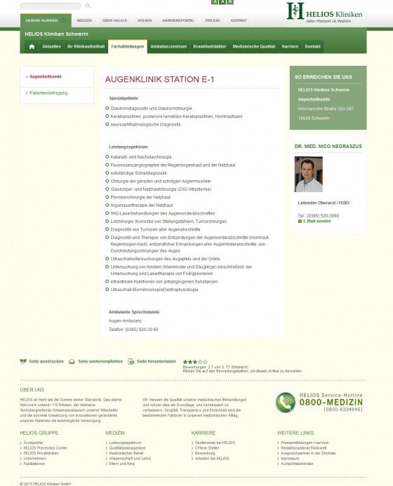 Augenklinik Station in der Helios Klinik Schwerin (Website Screenshot 19.03.2015)