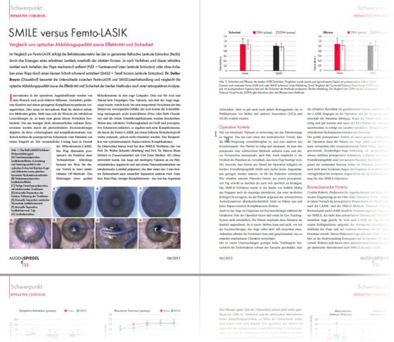 Der Augenlaserchirurg Dr. Breyer beschreibt in einem Fachartikel, warum er SMILE für das bessere Verfahren im Vergleich zur (Femto-)Lasik hält (PDF unter https://augenchirurgie.clinic/content/_data/fachliteratur/relex-smile-2013-smile-versus-femto-lasik/asp_062013_smile_vs_femto_lasik_breyer.pdf)